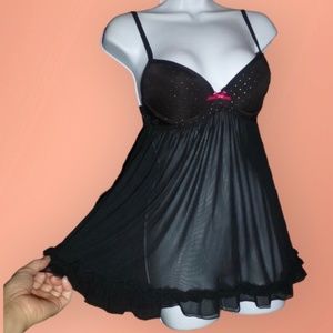 True Desire Sexy Black Sheer Underwire Push-Up Chemise, Ruffles, Sparkle, Pink S